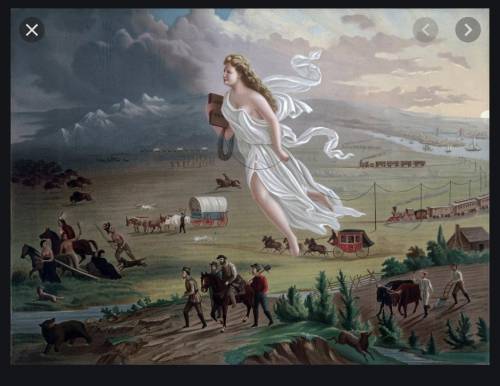 Choose three aspects of the painting that depict Manifest Destiny. PLEASE HELPPPP