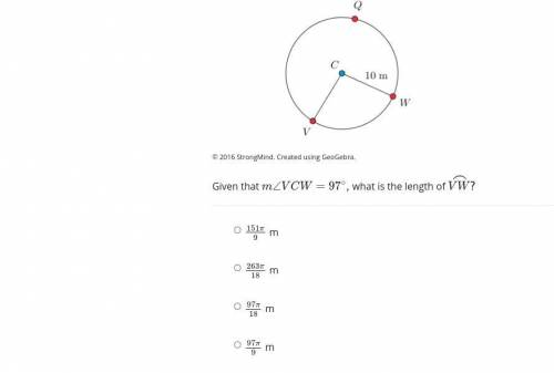 Examine the diagram of circle C. Points Q, V, and W lie on circle C. Given that m∠VCW=97∘, what is