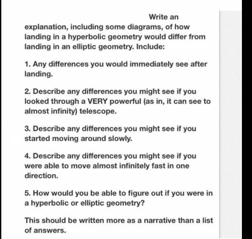 Write an explanation, including some diagrams, of how landing in a hyperbolic geometry would differ