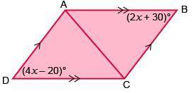 Triangle ABC is congruent with triangle CDA Find the value of the pronumeral x.
