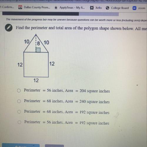 Find the perimeter and total area of the polygon shape shown below. All measurements are given in i