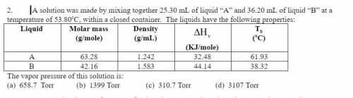 A solution was made by mixing together 25.30 mL of liquid “A” and 36.20 mL of liquid “B” at a tempe