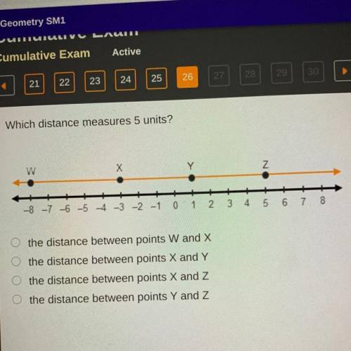 Which distance measures 5 units?

A: the distance between points W and X
B: the distance between p