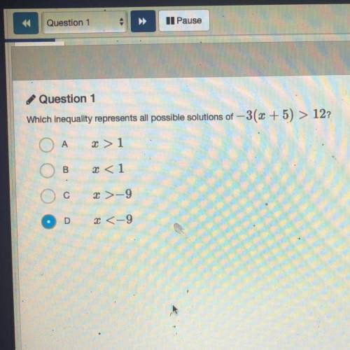 Which inequality represents all possible solutions of -3(x+5)>12?