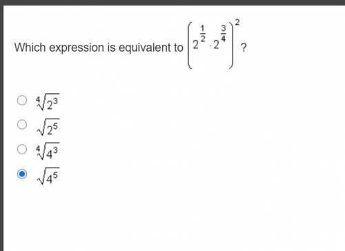 Which expression is equivalent to (2 Superscript one-half Baseline times 2 Superscript three-fourth