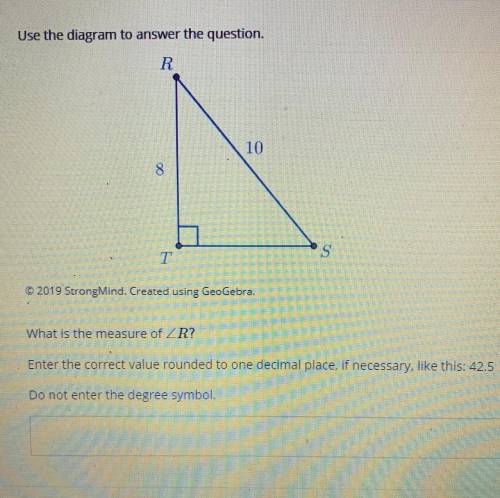 Use the diagram to answer the question. Triangle R S T. Segment R S measures 10 units Segment R T m