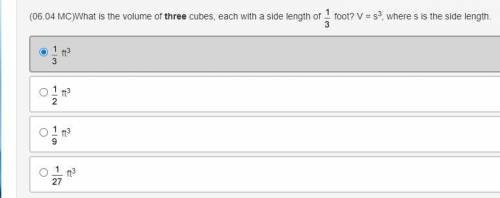 Help me out :O What is the volume of three cubes, each with a side length of fraction 1 over 3 foot