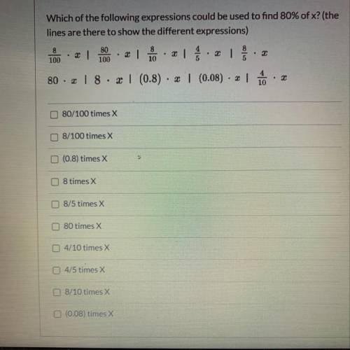 Which of the following expressions could be used to find 80% of X (the lines are there to show the