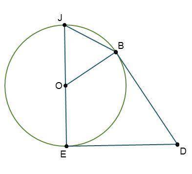 Circle O is shown. Line segment J E is a diameter and line segment O B is a radius. A line is drawn