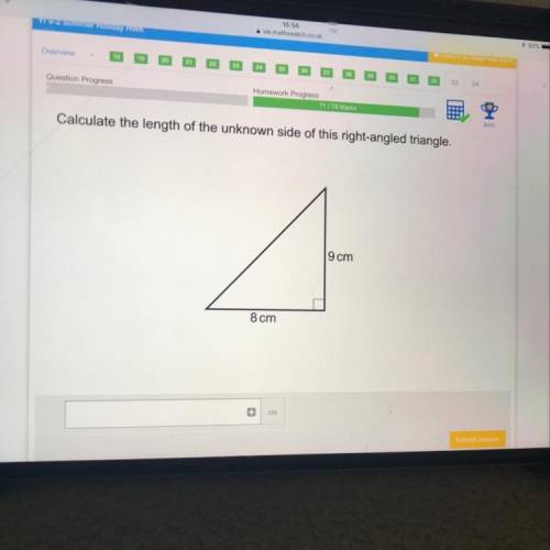 Calculate the length of the unknown side of this right angled triangle