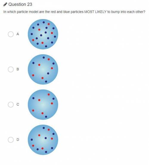 In which particle model are the red and blue particles MOST LIKELY to bump into each other? PLEASE