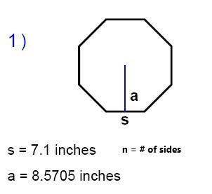 Determine the area of the shape above. The formula for the area of a polygon is: Area = 1/2 (a n s)