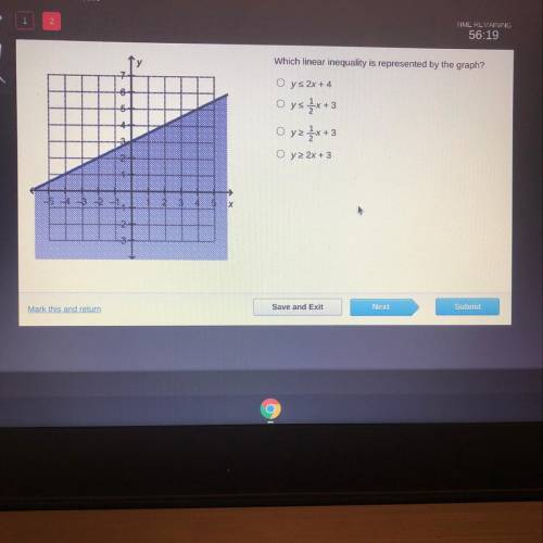 Please help
A) y< 2x+4
B) y< 1/2x+3
C)y> 1/2x+3
D) y> 2x+3