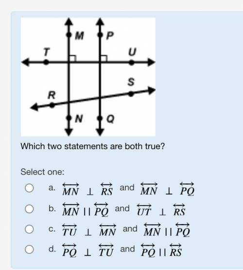 Lines T U and R S intersect lines M N and P Q. Where line T U intersects with lines M N and P Q, ri