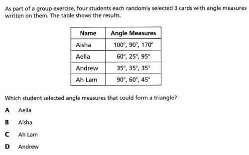as part of a group exercise, four students each randomly selected 3 cards with angle measures writt