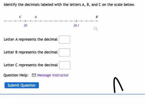 identify the decimals labeled with the letters A, B, and C on the scale below. Letter A represents