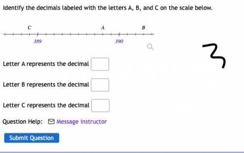 Identify the decimals labeled with the letters A, B, and C on the scale below. Letter A represents