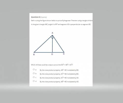 Seth is using the figure shown below to prove Pythagorean Theorem using triangle similarity: In the