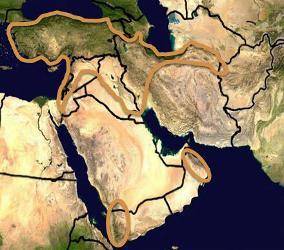 Which major economic activity in the Middle East occurs largely in the areas circled on the map abo