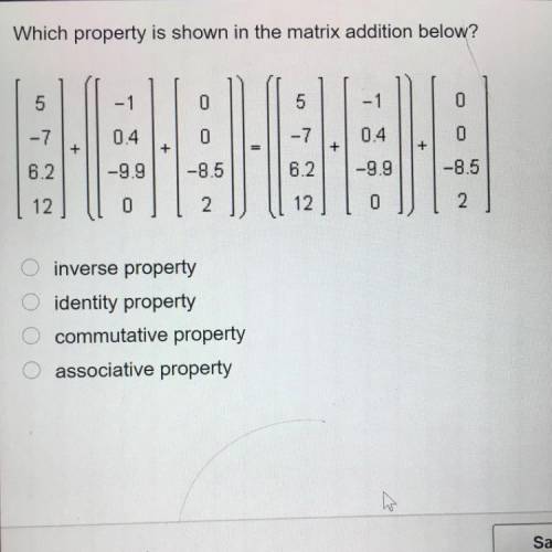 Which property is shown in the matrix addition below?

5
-1
0
5
-7
0.4
0
-7
0
0.4
+
+
+
6.2
-8.5
-