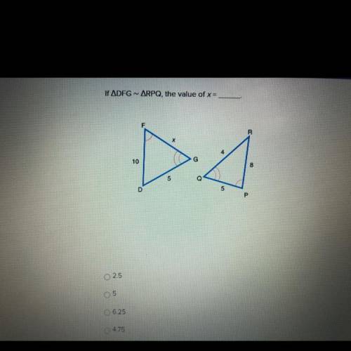 If angle DFG ~ angle RPQ, the value of x=_____