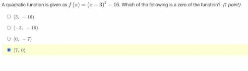 A quadratic function is given as..... Which of the following is a zero of the function?