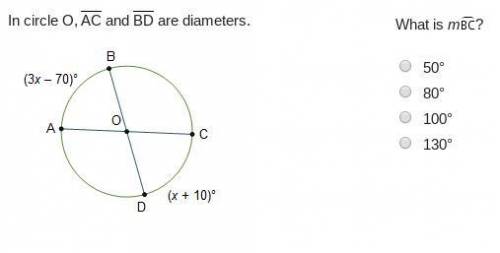 Circle O is shown. Line segments A C and B D are diameters. The measure of arc A B is (3 x minus 70