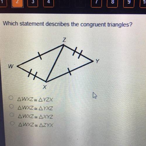 Which statement describes the congruent triangles?

1. WXZ = YZX
2. WXZ = YXZ
3. WXZ = XYZ
4. WXZ