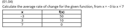 Calculate the average rate of change for the given function, from x = −3 to x = 7 (Table) Answer X