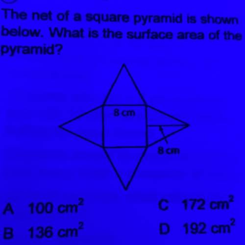 The net of a square pyramid is shown

below. What is the surface area of the
pyramid?
A 100 cm2
B