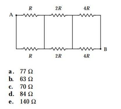 If R = 20 Ω, what is the equivalent resistance between points A and B in the figure?