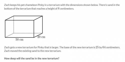 Zach keeps his pet chameleon Pinky in a terrarium with the dimensions shown below. There's sand in