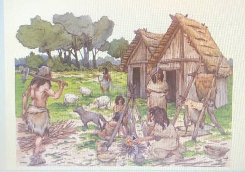 What details show that this illustration is a scene of life during the Neolithic Age and not the Pa