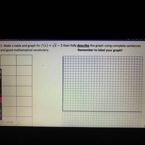 PLEASE HELP! Make a table and graph for f(x) = VX – 2 then fully describe the graph using complete