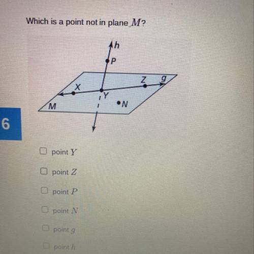 URGENT 20 POINTS Which is a point not in plane M?

point Y
point Z
point P
point N
point g
poi