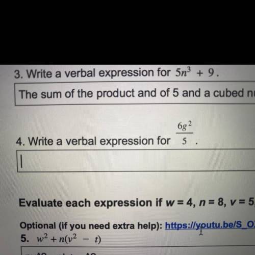 4. Write a verbal expression for 6g^2/5