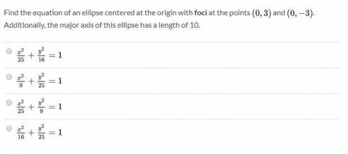 Find the equation of an ellipse centered at the origin with foci at the points( 0 , 3 ) and ( 0 , −