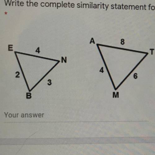Plz help someone !! Write the complete similarity statement for the following pair of triangles.