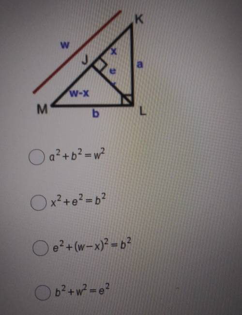 Use the figure and the Pythagorean theorem to write the equation relating e, b and (w-x)