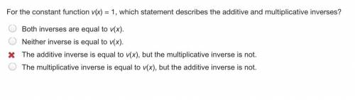 For the constant function v(x) = 1, which statement describes the additive and multiplicative inver