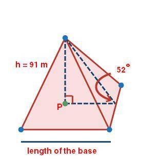 Find the length of the base of the following pyramid, given the height of the pyramid is 91 meters