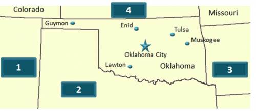 Carefully study the map above, which shows states bordering Oklahoma. Which state is represented by