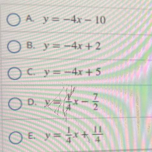 Which equation represents a line that is parallel to Y equals negative 4X +3 and passes through the
