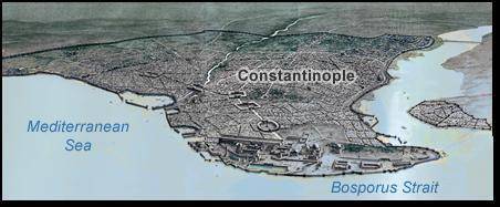 40 points :D Use the image below to explain why the geographic location of Constantinople made it d