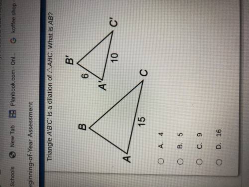 Triangle A’ B’ C’ is a dilation of ABC. What is AB?