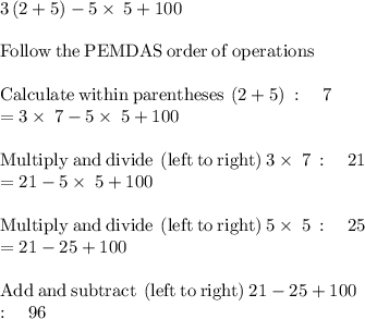 3\left(2+5\right)-5\times\:5+100\\\\\mathrm{Follow\:the\:PEMDAS\:order\:of\:operations}\\\\\mathrm{Calculate\:within\:parentheses}\:\left(2+5\right)\::\quad 7\\=3\times\:7-5\times\:5+100\\\\\mathrm{Multiply\:and\:divide\:\left(left\:to\:right\right)}\:3\times\:7\::\quad 21\\=21-5\times \:5+100\\\\\mathrm{Multiply\:and\:divide\:\left(left\:to\:right\right)}\:5\times\:5\::\quad 25\\=21-25+100\\\\\mathrm{Add\:and\:subtract\:\left(left\:to\:right\right)}\:21-25+100\:\\:\quad 96
