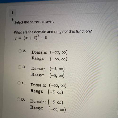 Select the correct answer.

What are the domain and range of this function?
(x + 3)² - 5
A Domain: