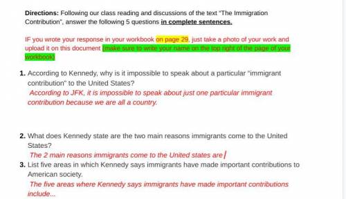 Help this is due soon Story Questions from ''The Immigrants Contribution'' -Don't worry about the f