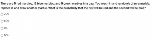 There are 5 red marbles, 15 blue marbles, and 5 green marbles in a bag. You reach in and randomly d
