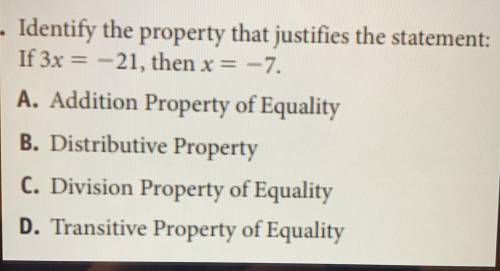 Identify the property that justifies the statement: If 3x=-21, then x=-7.